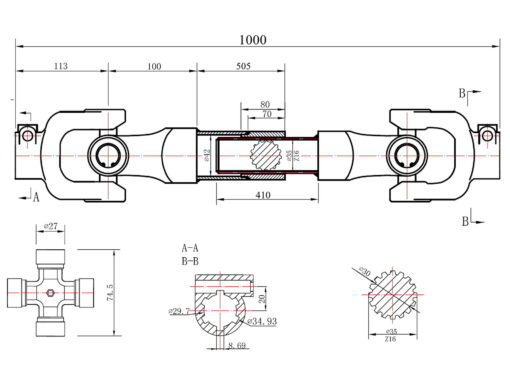 Jõuvõtuvõll 100cm (nuut) PTO kardaan. 1000mm Max 520 Nm